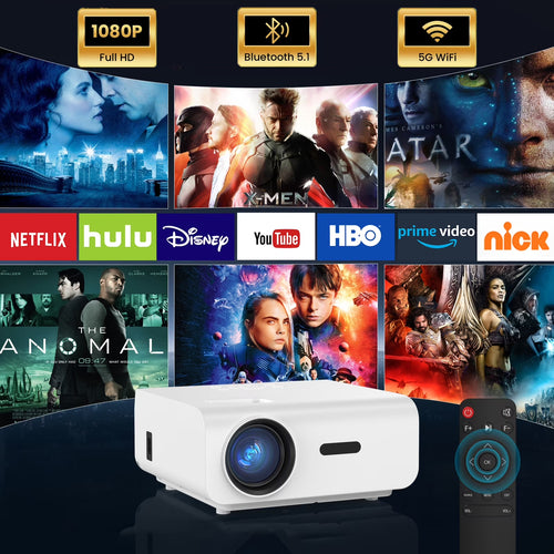 1080P Mini Projector with 5G Wifi and Bluetooth, 240 ANSI, Support 4K, Compatible with Soundbar, 100" Screen Included